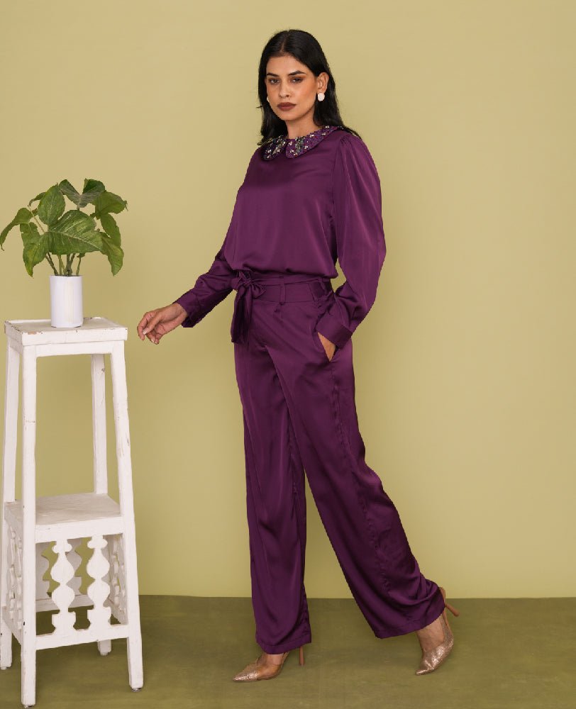 Purple Satin Embellished Collar Shirt with Wide - Leg Pants Co - ord Set - Mileenia