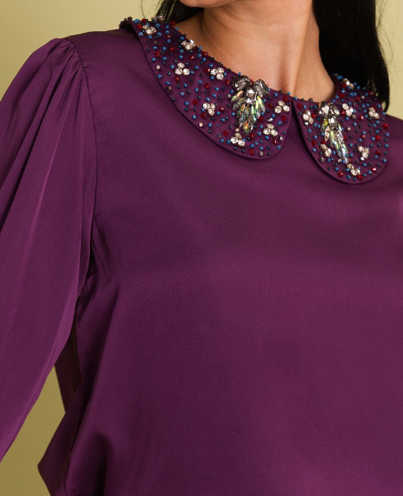 Purple Satin Embellished Collar Shirt with Wide - Leg Pants Co - ord Set - Mileenia