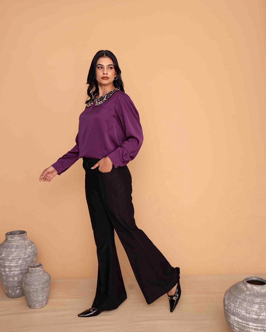 Purple Satin Embellished peterpan Collar Top - Mileenia