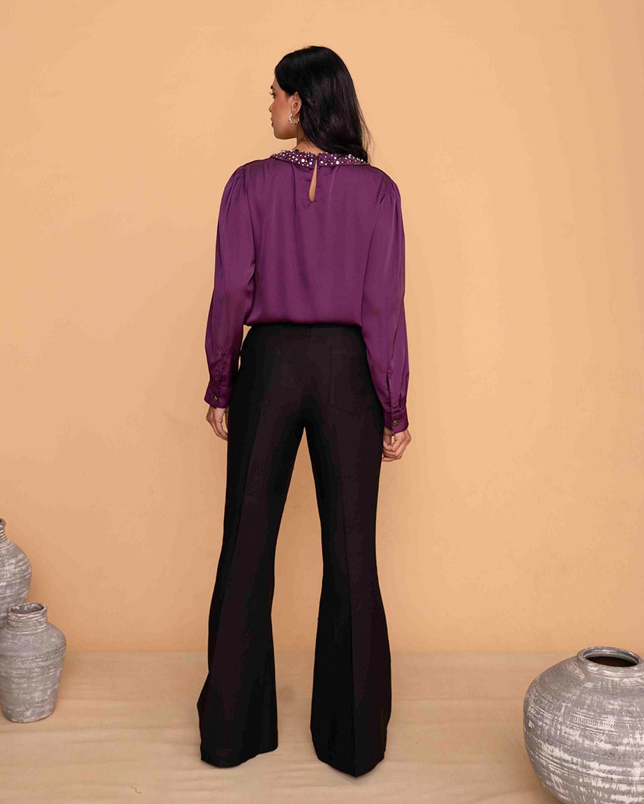 Purple Satin Embellished peterpan Collar Top - Mileenia