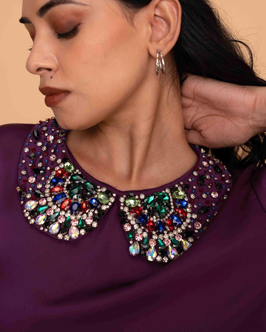 Purple Satin Embellished peterpan Collar Top - Mileenia