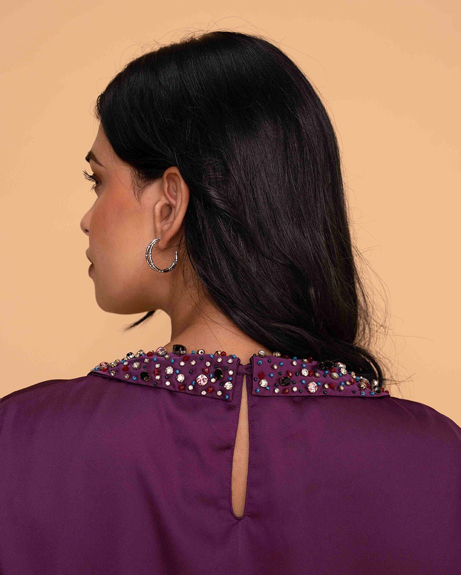 Purple Satin Embellished peterpan Collar Top - Mileenia