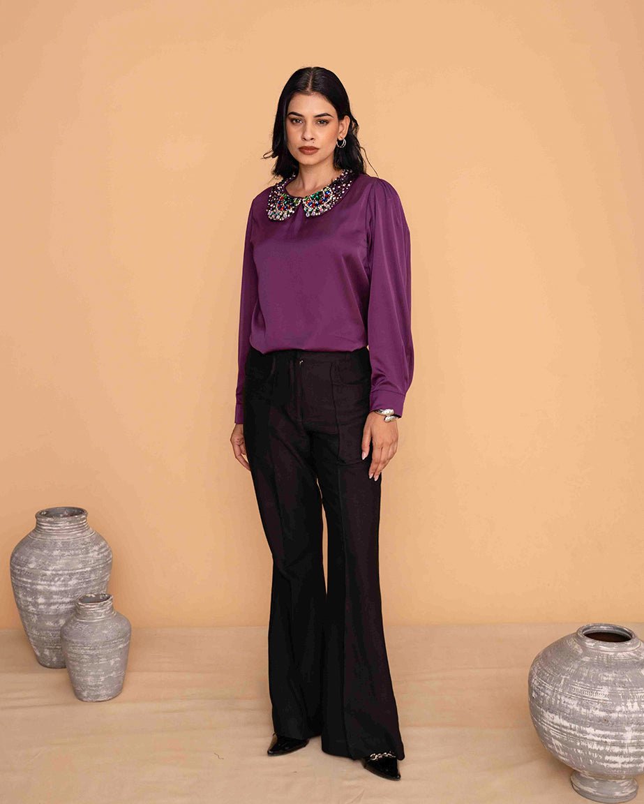 Purple Satin Embellished peterpan Collar Top - Mileenia