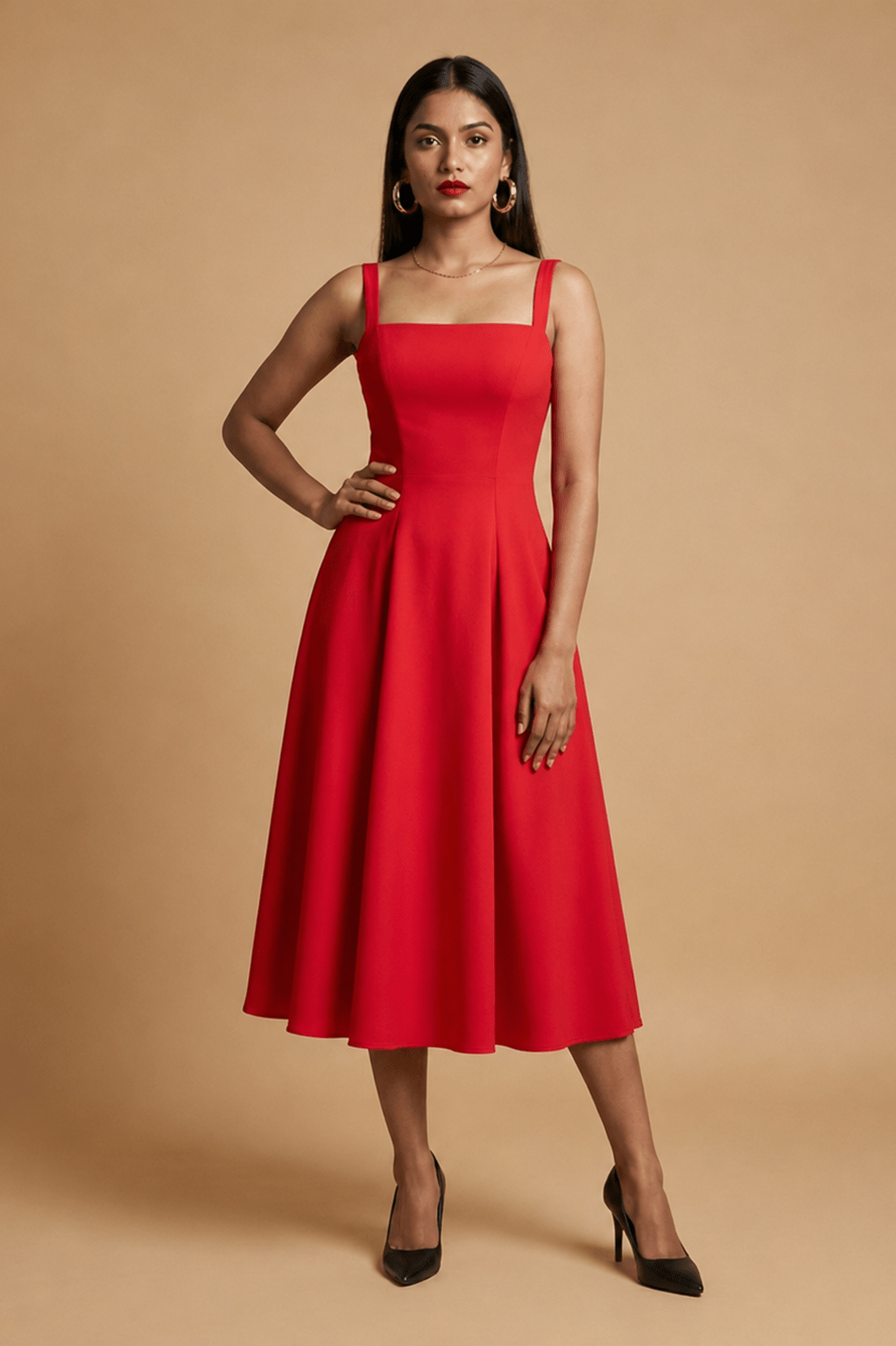 Red Cotton Square Neck Flared Midi Dress - Mileenia