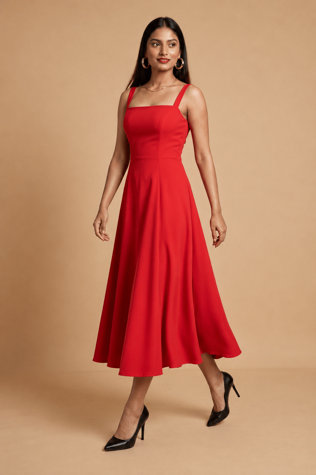 Red Cotton Square Neck Flared Midi Dress - Mileenia