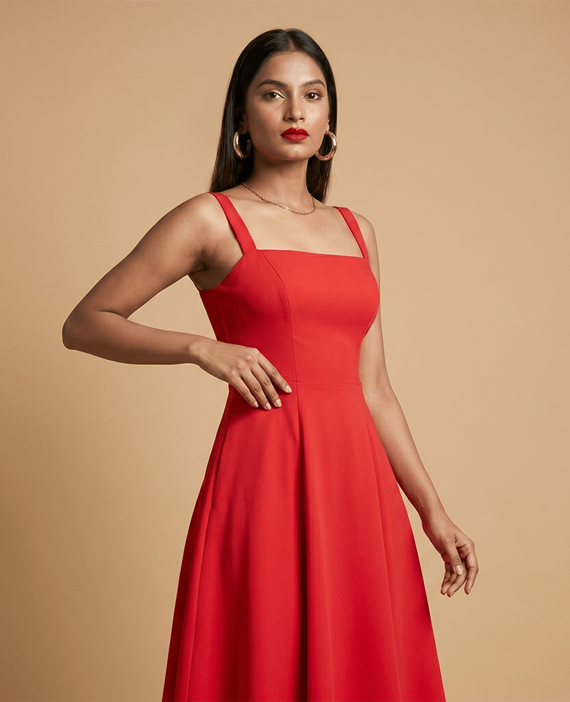 Red Cotton Square Neck Flared Midi Dress - Mileenia