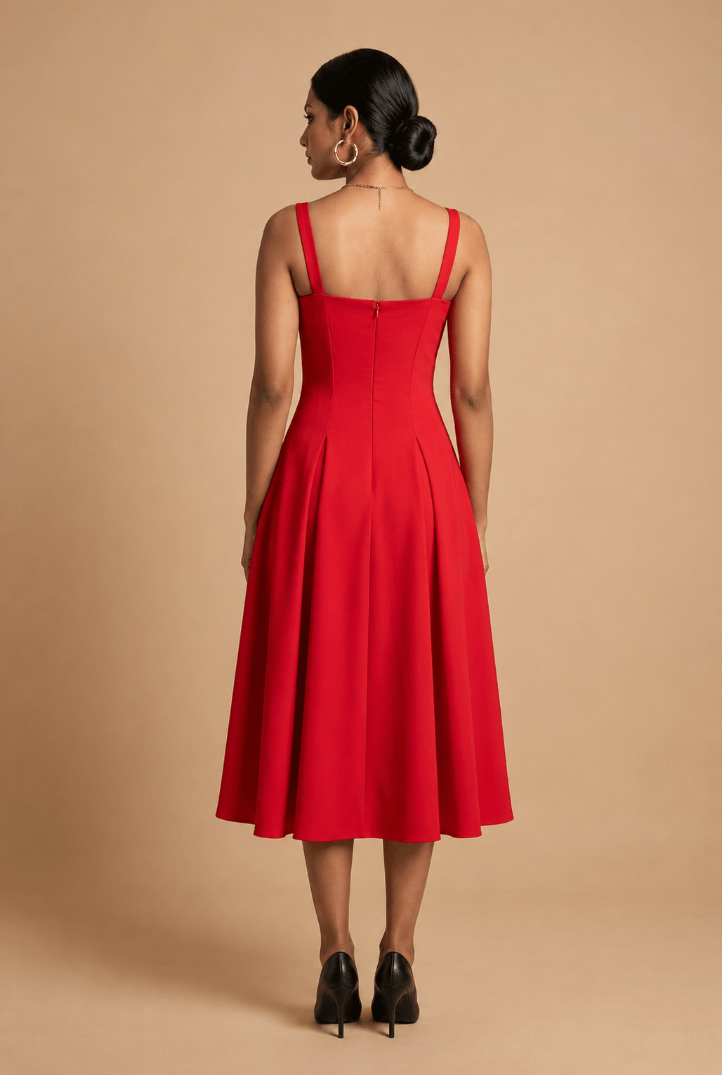 Red Cotton Square Neck Flared Midi Dress - Mileenia
