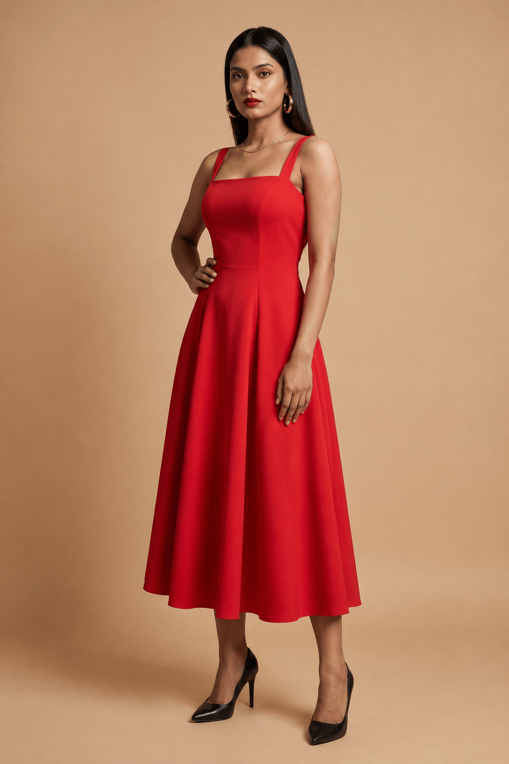 Red Cotton Square Neck Flared Midi Dress - Mileenia