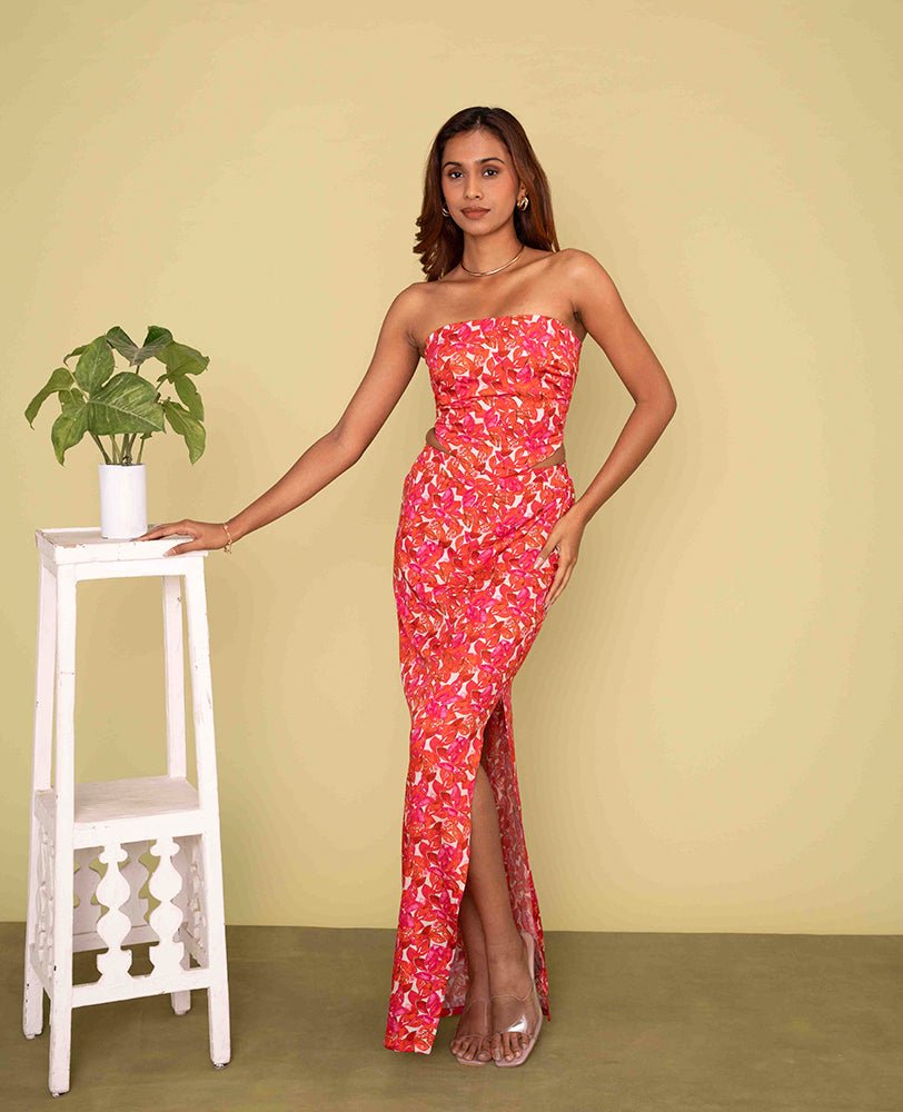 Red Floral co - ord set with Strapless tube top & long skirt with Side Slit - Mileenia