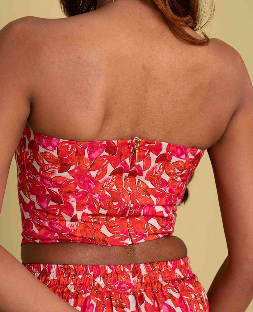 Red Floral co - ord set with Strapless tube top & long skirt with Side Slit - Mileenia
