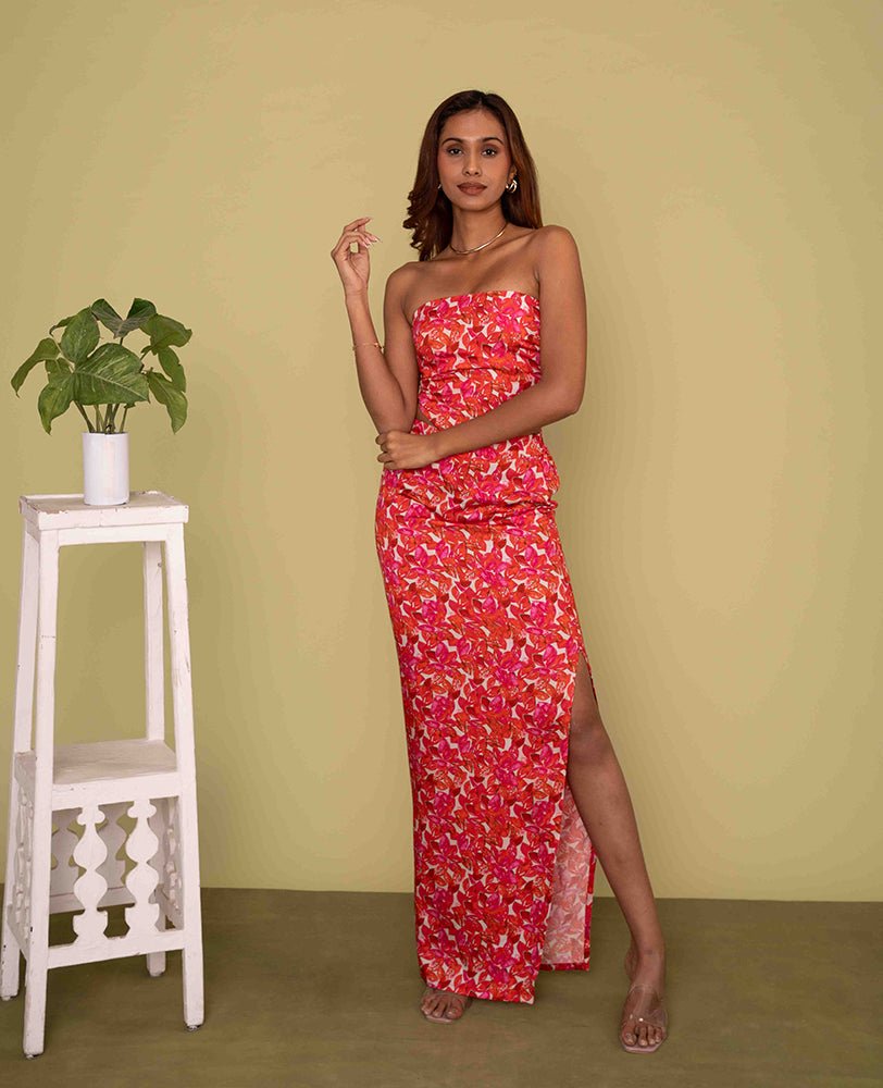 Red Floral co - ord set with Strapless tube top & long skirt with Side Slit - Mileenia