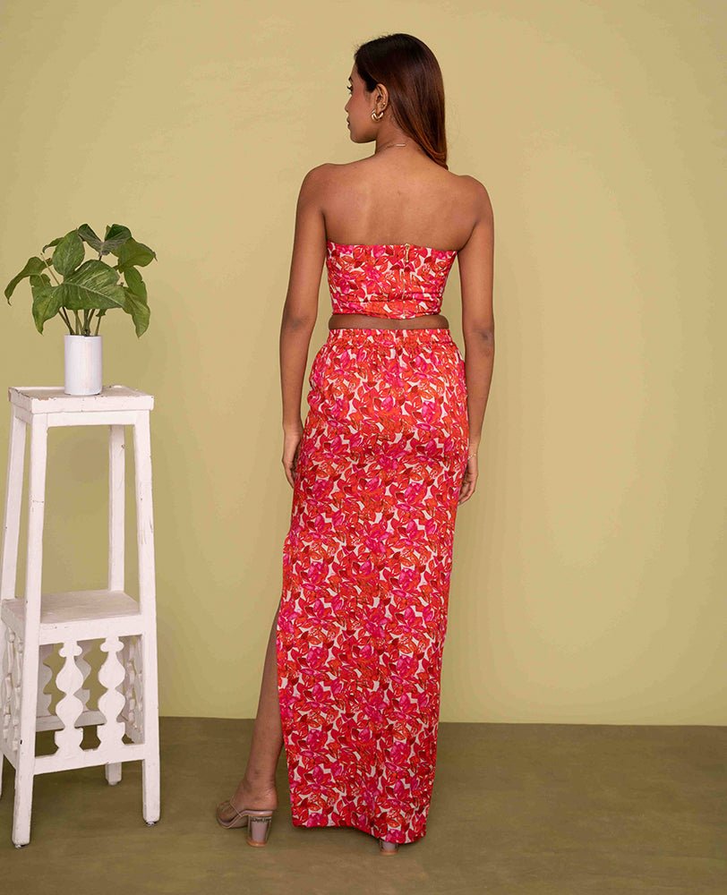 Red Floral co - ord set with Strapless tube top & long skirt with Side Slit - Mileenia