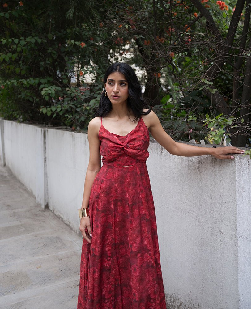 Red Floral Cutout Maxi Dress with Spaghetti Straps - Mileenia
