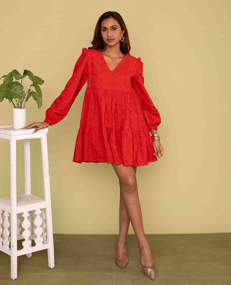 Red Long Sleeve Mini Dress - Mileenia