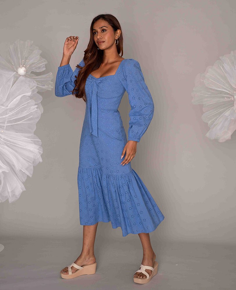 Sky Blue Eyelet Midi Dress with Tie - Front - Mileenia