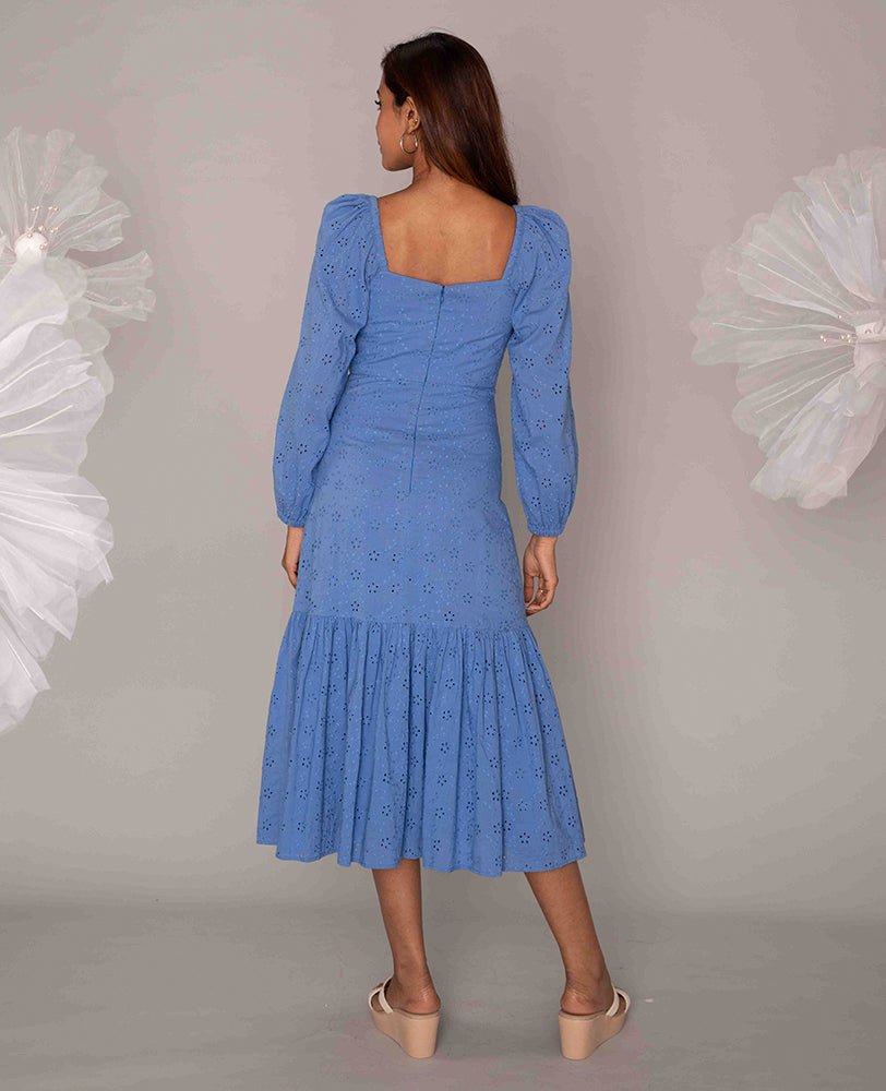 Sky Blue Eyelet Midi Dress with Tie - Front - Mileenia