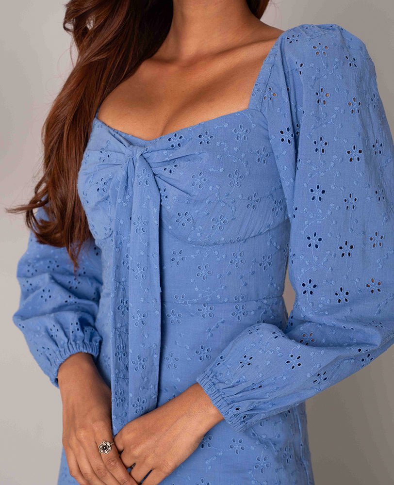 Sky Blue Eyelet Midi Dress with Tie - Front - Mileenia