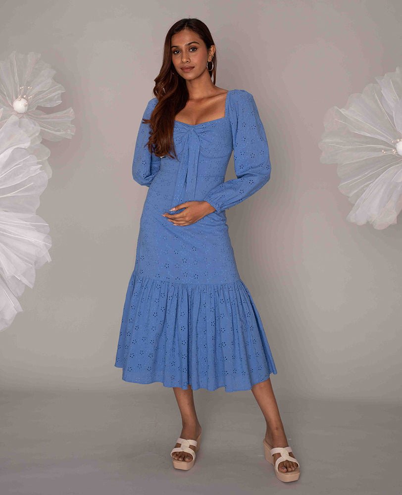 Sky Blue Eyelet Midi Dress with Tie - Front - Mileenia