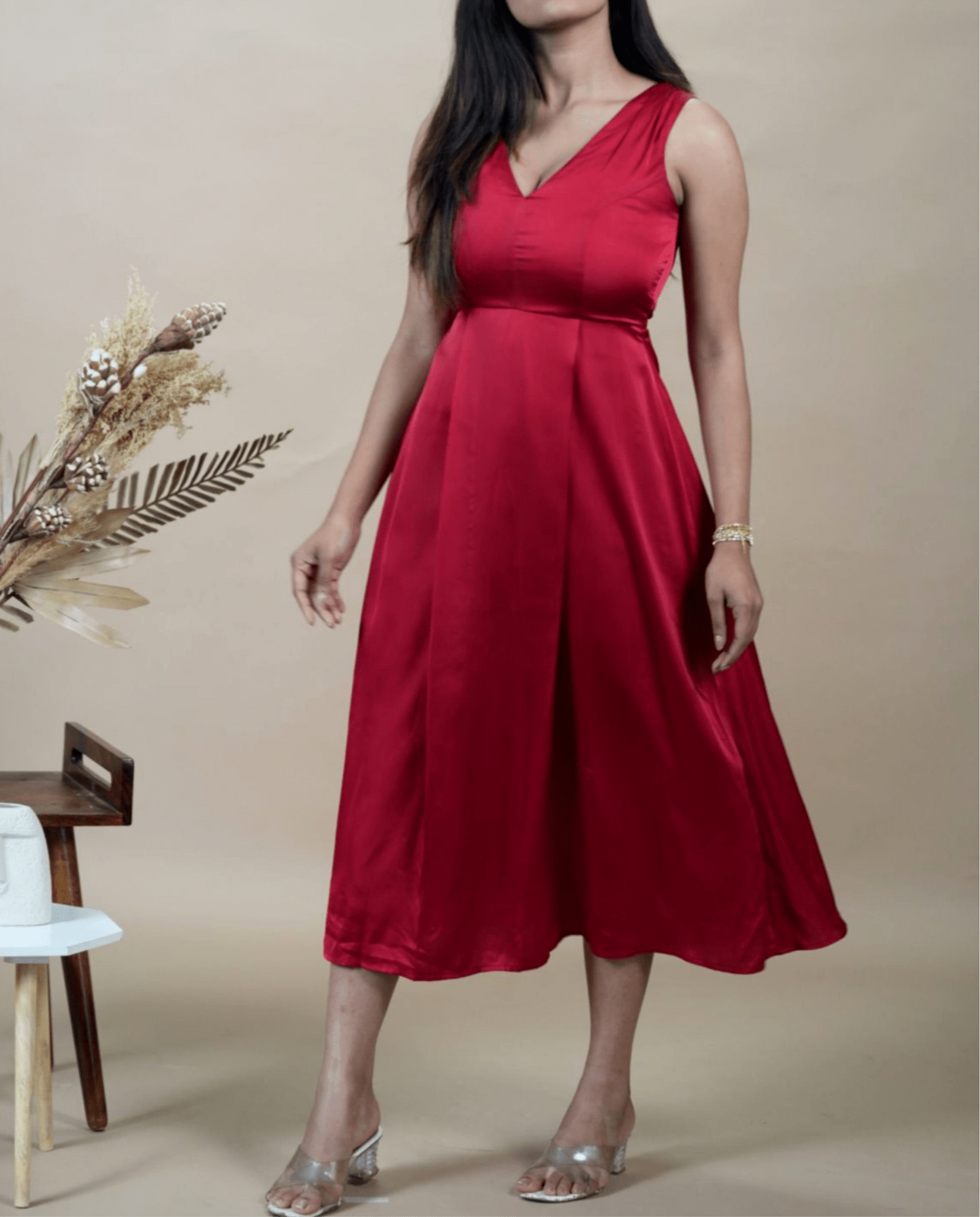 Solid Red Satin Sleeveless Dress