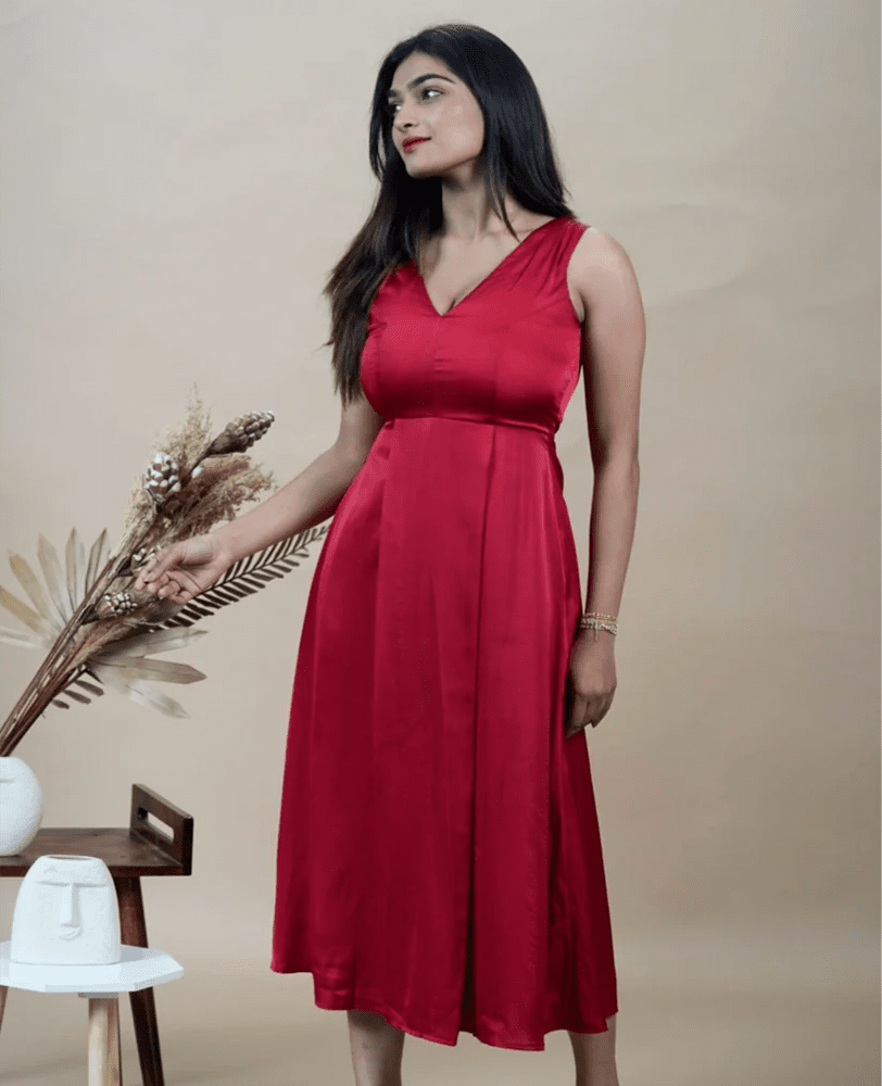 Solid Red Satin Sleeveless Dress - Mileenia