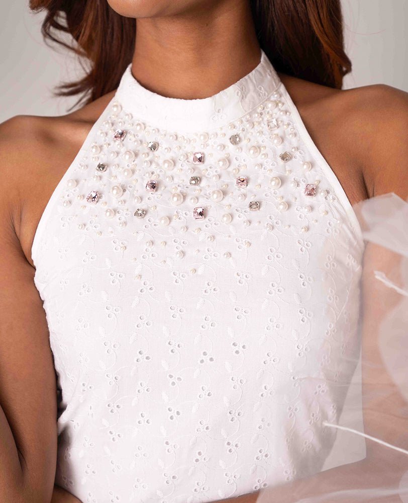 White Cotton Hakoba Embellished Halter Midi Dress - Mileenia
