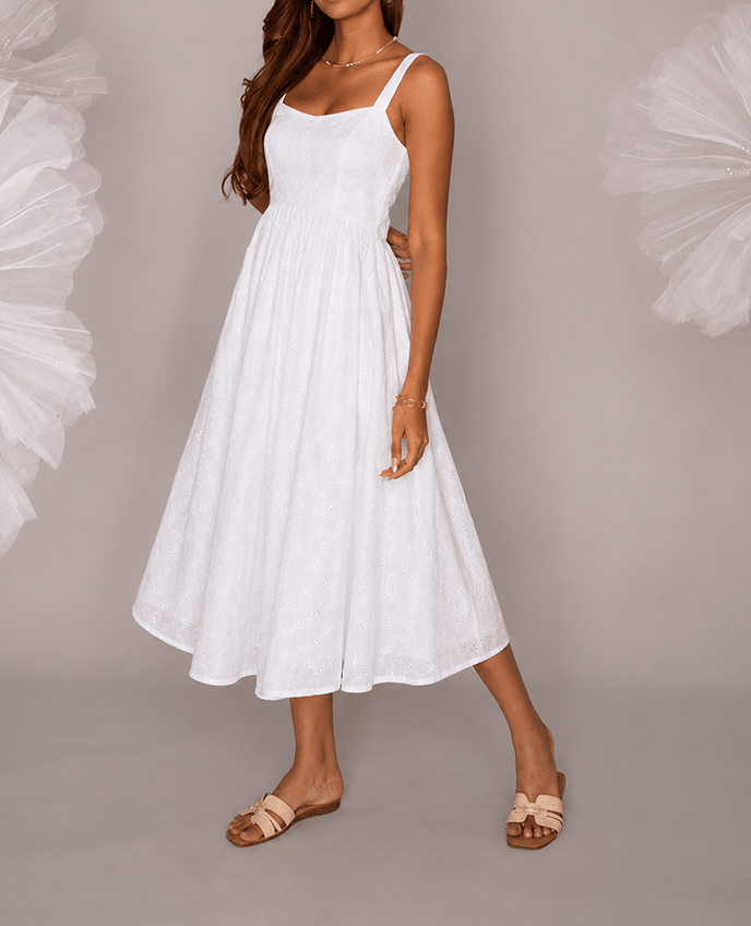 White Cotton Square Neck Flared Midi Dress - Mileenia