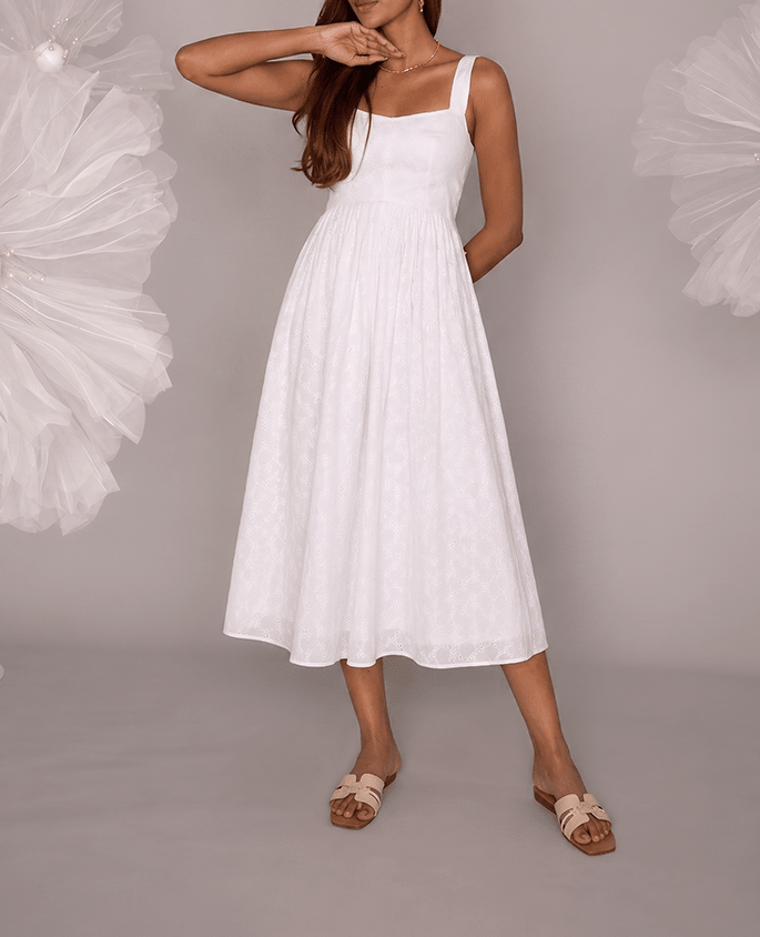 White Cotton Square Neck Flared Midi Dress - Mileenia