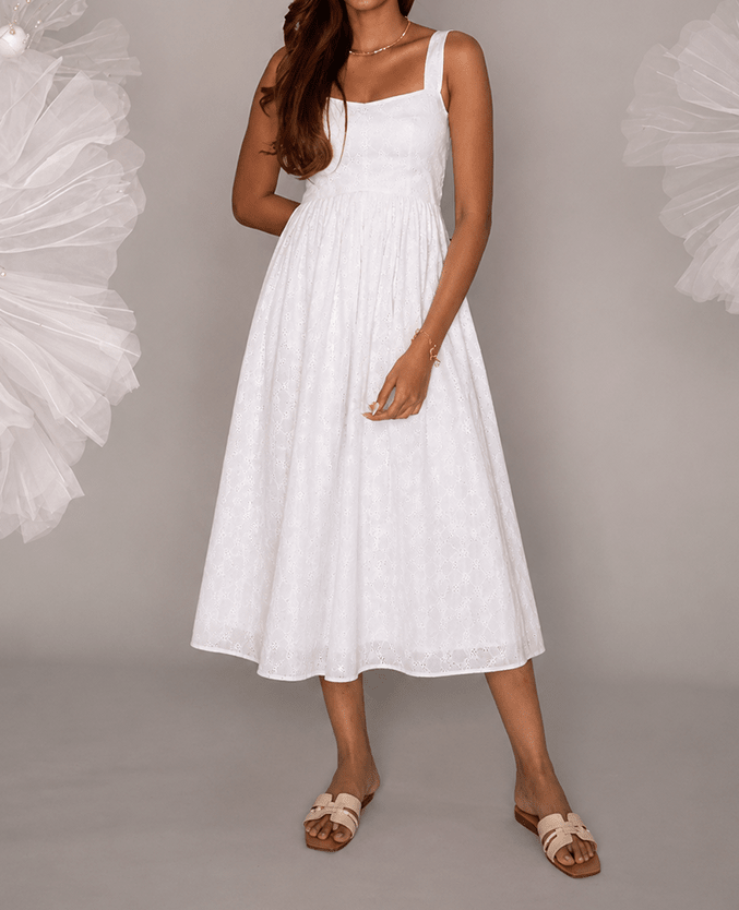 White Cotton Square Neck Flared Midi Dress - Mileenia
