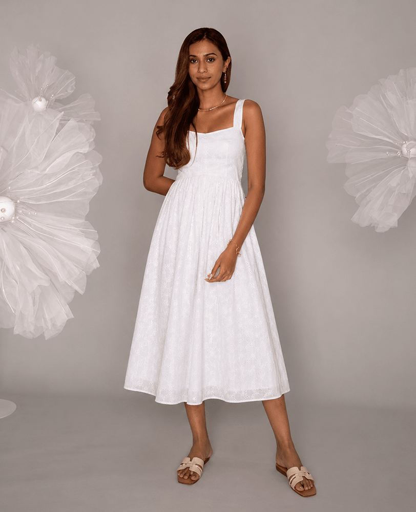 White Cotton Square Neck Flared Midi Dress - Mileenia