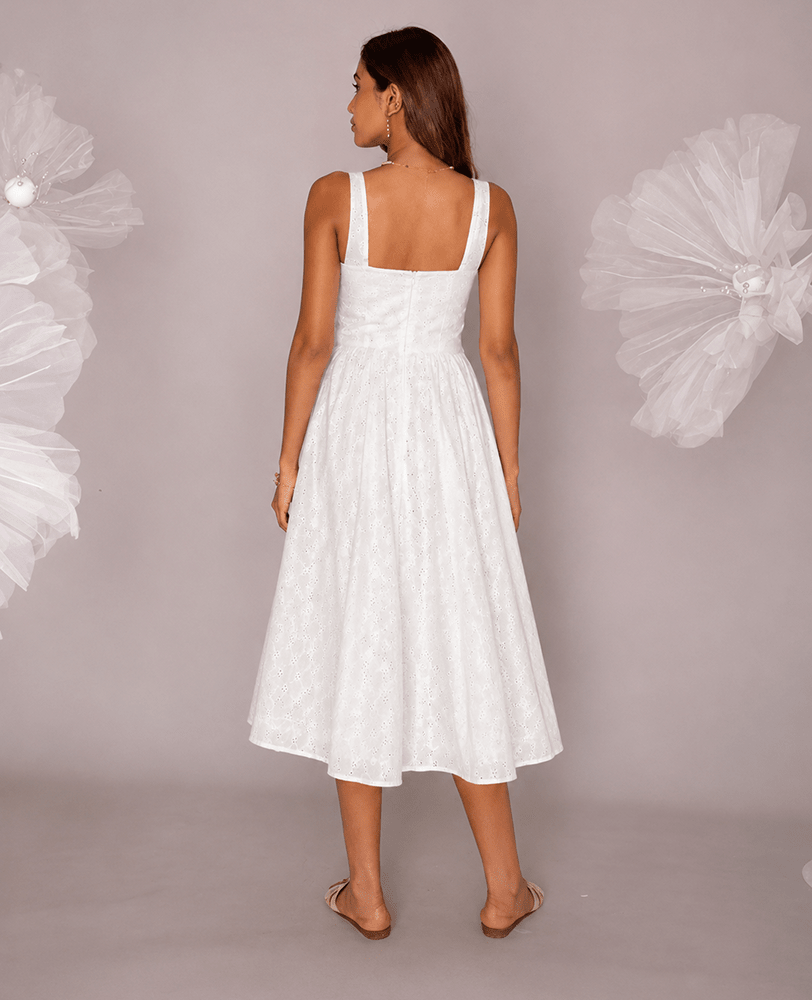 White Cotton Square Neck Flared Midi Dress - Mileenia