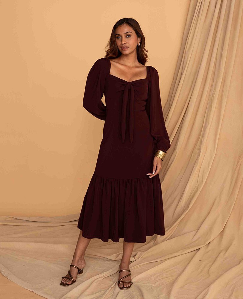 Wine Puff - Sleeve Midi Dress with Front Tie - Mileenia