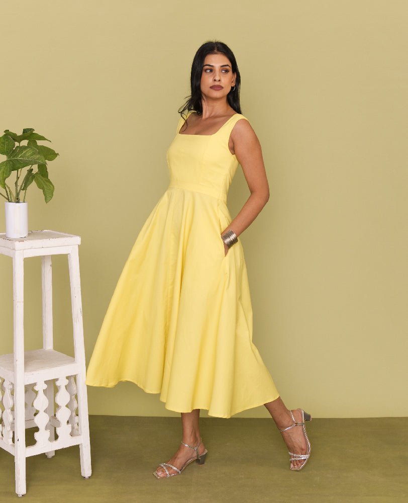 Yellow Cotton Square Neck Flared Midi Dress - Mileenia