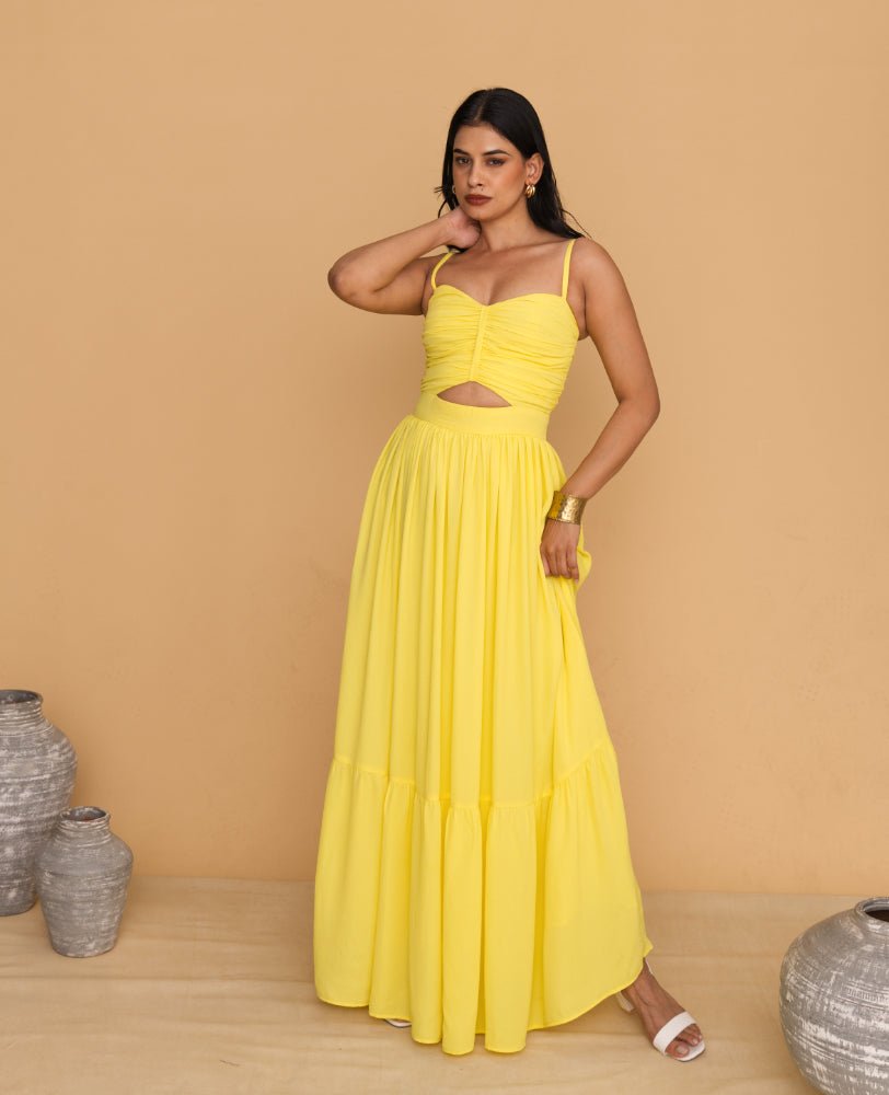 Yellow Cutout Maxi Dress with Spaghetti Straps - Mileenia