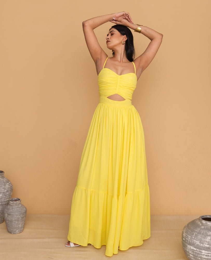 Yellow Cutout Maxi Dress with Spaghetti Straps - Mileenia