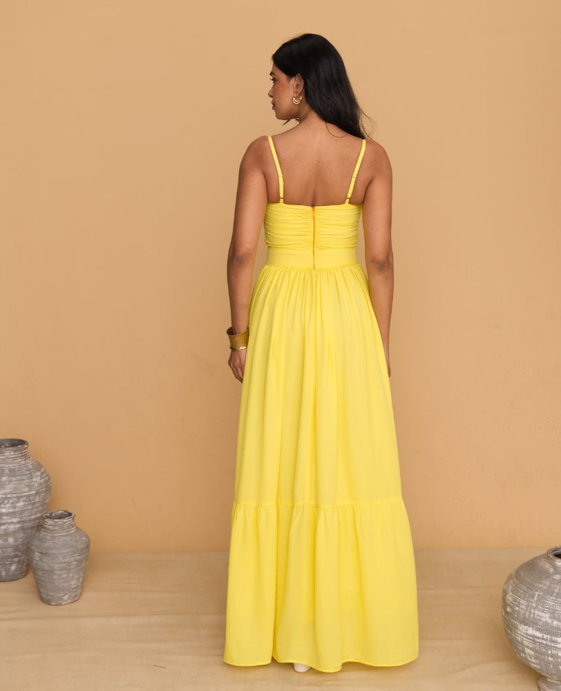 Yellow Cutout Maxi Dress with Spaghetti Straps - Mileenia