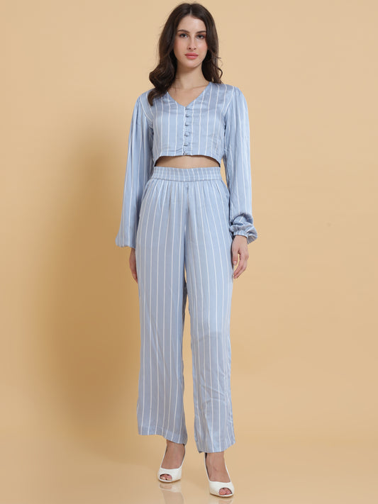 Women Monotone Striped Crop Top With Pants Co-Ords Set
