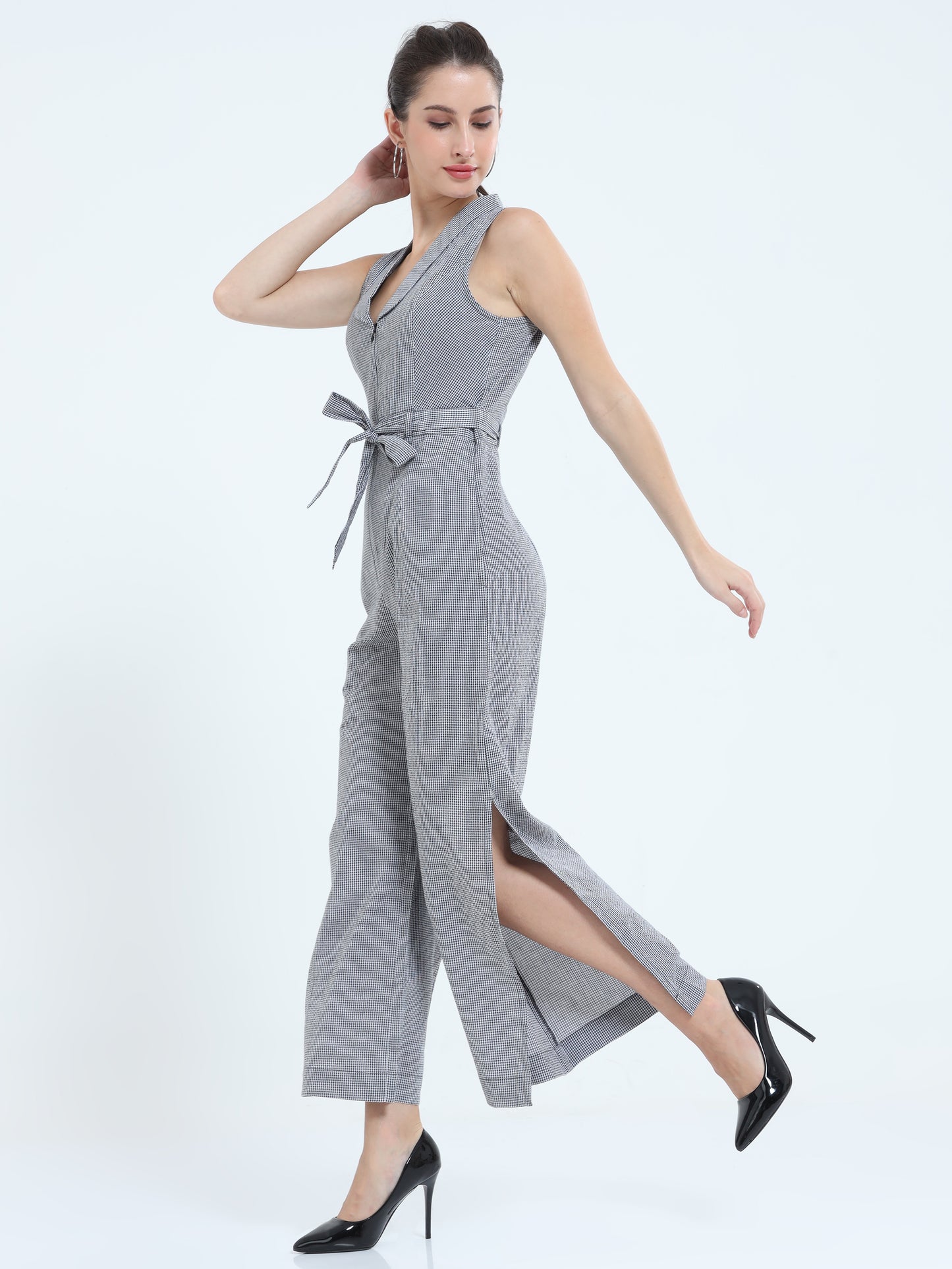 Black and white checks Belted Collared Jumpsuit