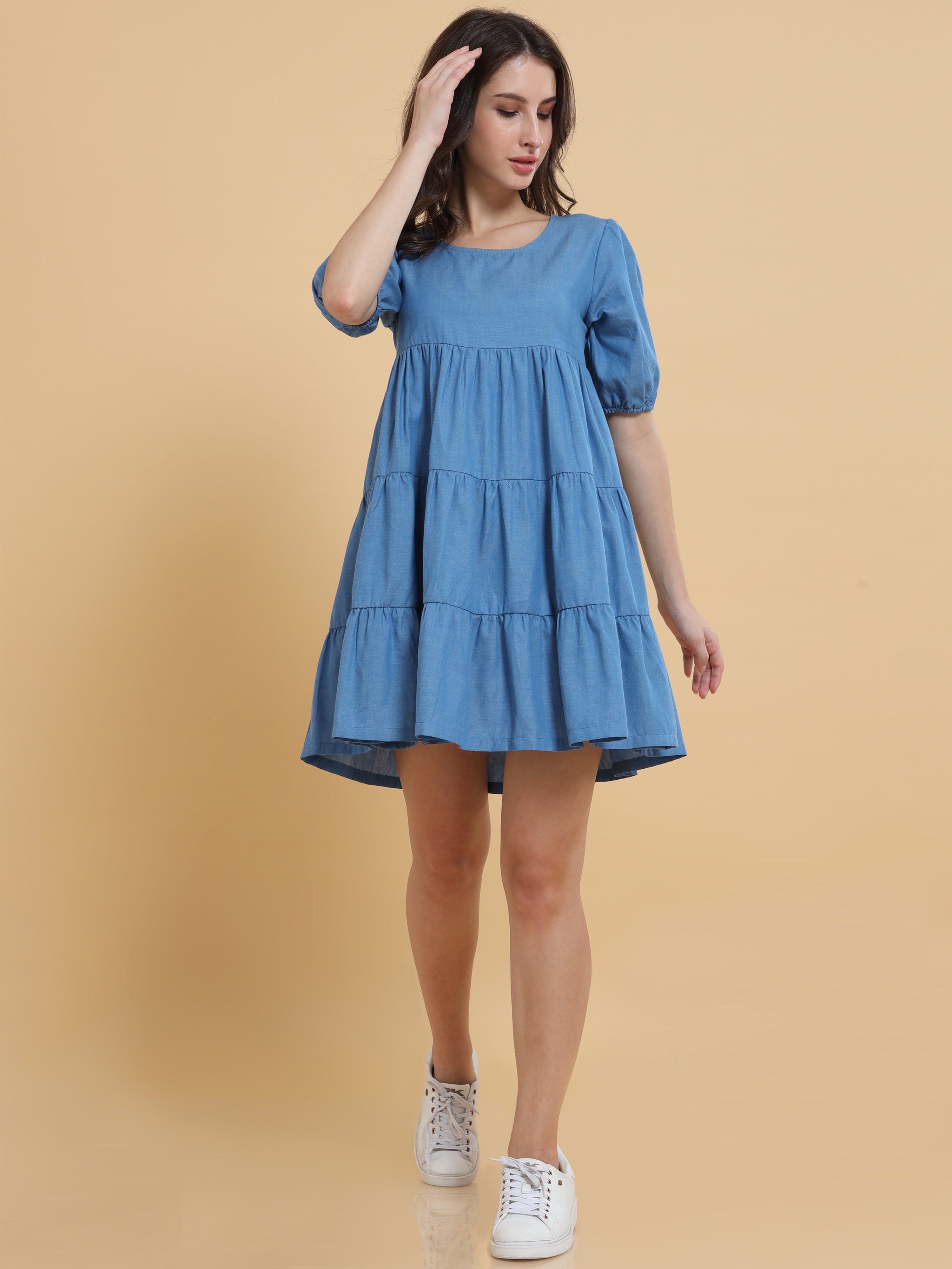 Blue Denim Tiered Smock Dress