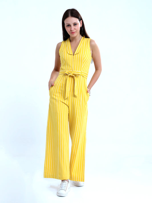 Sunshine yellow stripe Belted Collared Jumpsuit